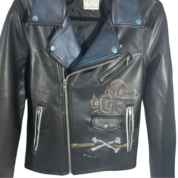 URBAN OUTFITTERS CUSTOM PAINTED FAUX VEGAN LEATHER JACKET BLACK SP - Picture 3 of 6